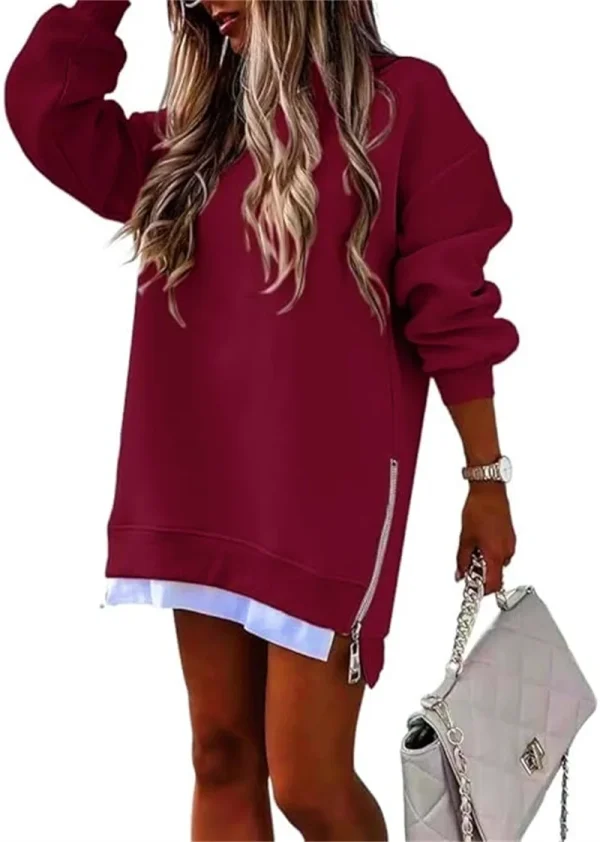 Felpa da donna primavera autunno moda splicing design con cerniera laterale girocollo maniche lunghe top irregolari di media lunghezza 5
