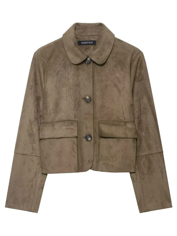 HH Giacca autunnale da donna Cappotto vintage in pelle scamosciata solida Manica lunga Colletto rovesciato Giacche corte Capispalla da strada alla moda 2