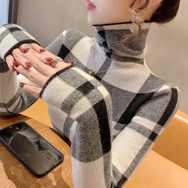 Autunno Inverno Moda elegante maglioni dolcevita scozzesi Abbigliamento donna Casual All-match Pullover in maglia a maniche lunghe Chic Slim Top 2