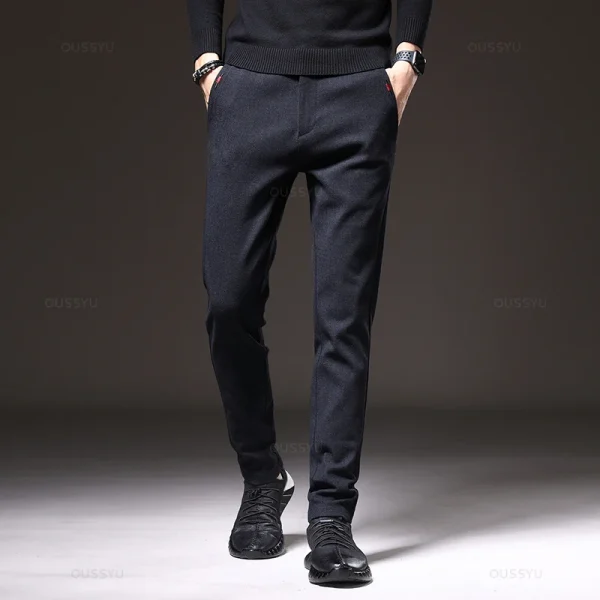 Pantaloni casual da uomo autunnali Business Fashion Elastico in vita Slim Fit Stretch Pantaloni in cotone nero grigio spesso da uomo 3