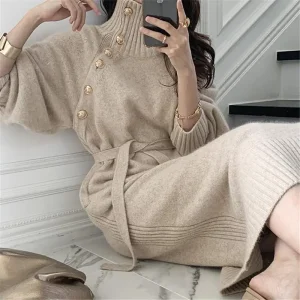Abiti vintage chic autunno inverno donna dolcevita solido fasciatura con bottoni moda manica lunga ampia abito dritto lavorato a maglia 1