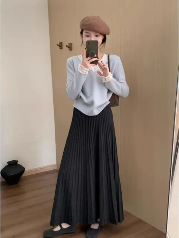 2026 Gonna longuette lavorata a maglia in cashmere kaki da donna, vestibilità ampia, drappeggiata, gonna a pieghe a trapezio snellente per l'autunno e l'inverno 4