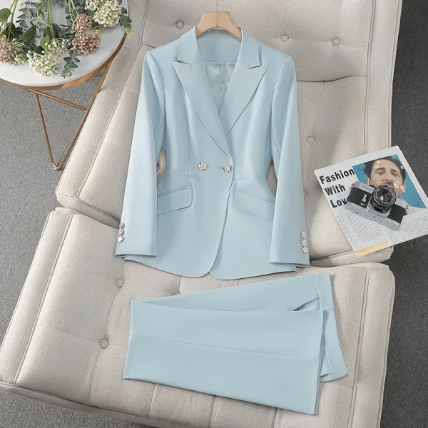 NAVIU Set da 2 pezzi per donna Elegante blazer doppiopetto e pantaloni dritti a vita alta Completo da donna da ufficio in stile coreano 4