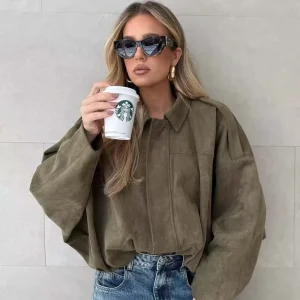 YENKYE Nuovo 2025 Giacca bomber strutturata in pelle scamosciata da donna Manica lunga Colletto con risvolto Cappotti larghi Capispalla femminile casual Chic Top 1