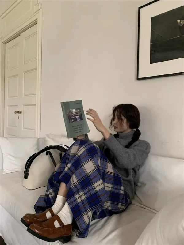 Korobov giappone Preppy Plaid gonne per donna autunno inverno Vintage lana Plaid gonna lunga a pieghe gonna ombrello di lana a-line 2