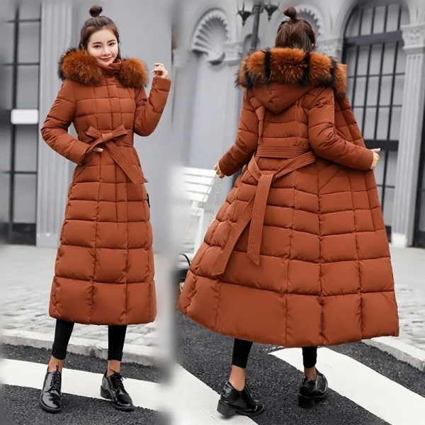 2025 Giacca da donna invernale Moda calda Comoda cintura con fiocco Collo in pelliccia di volpe Abiti Abito lungo Cappotto spesso da donna casual da ufficio 3