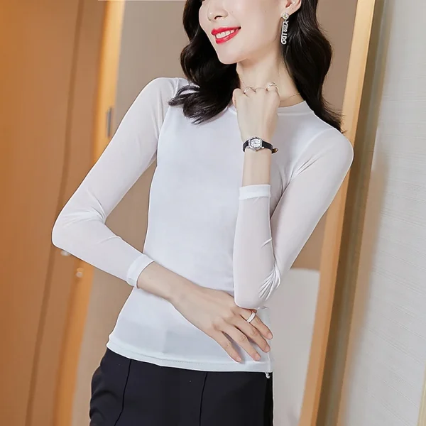 Autunno 2023 girocollo T-shirt nera Slim Fit Mesh top Solid Colar Casual camicia a maniche lunghe da donna 3