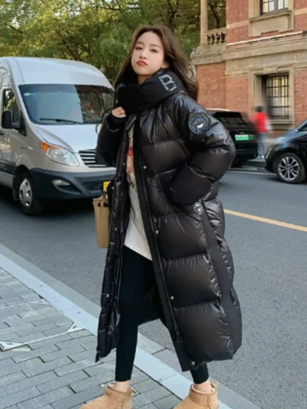 2025 Nuovo Autunno Inverno Femminile Con Cappuccio Piumino D'anatra Bianca Inverno Lucido Caldo Addensato Lungo Piumino Antivento Outwear 5