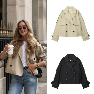 Cappotto da donna 2025 Autunno nuovo stile tinta unita manica lunga stile britannico decorativo corto giacca a vento impermeabile cappotto casual 1