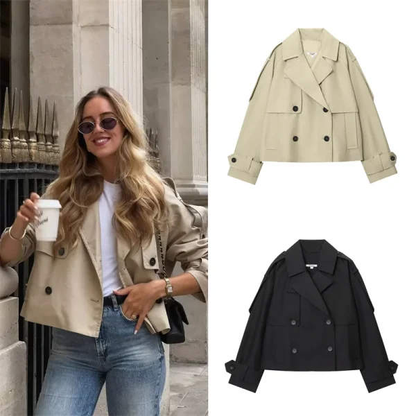 Cappotto da donna 2025 Autunno nuovo stile tinta unita manica lunga stile britannico decorativo corto giacca a vento impermeabile cappotto casual 1