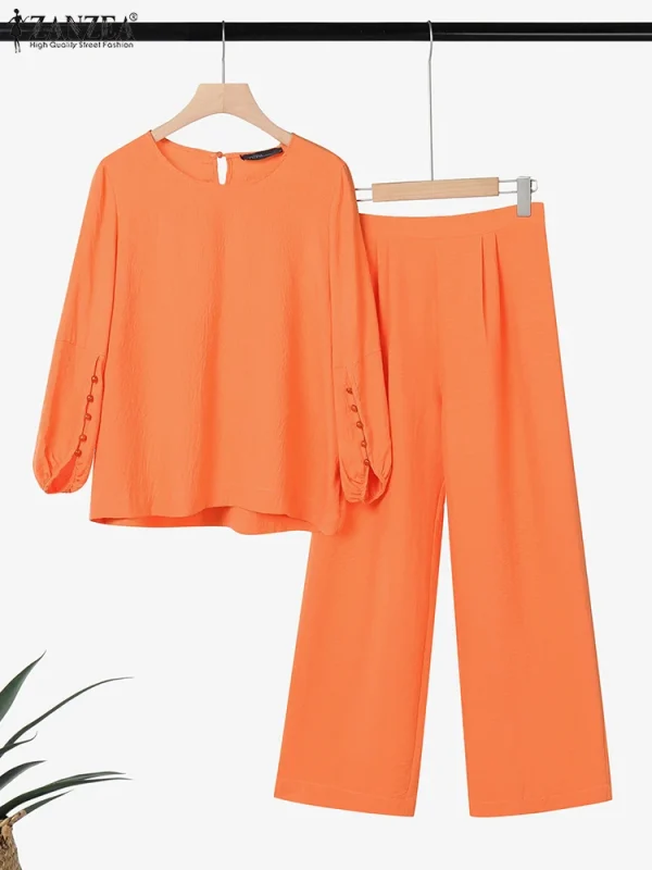 ZANZEA Donna Due Pezzi Outfit 2025 Moda Top a Manica Lunga Autunno Casual Solido A Vita Alta Pantaloni Lunghi Set 2PCS Abiti Tuta 3