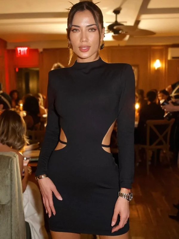 Elegante fasciatura senza schienale pacchetto abito da sera alla moda donna 2025 sexy solido nero manica lunga aderente mini night club party outfit 2