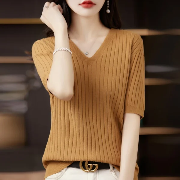 Maglione da donna Primavera Estate Manica corta Camicia in maglia con scollo a V Pullover coreani casual Camicia con fondo a righe Maglioni slim fit 6