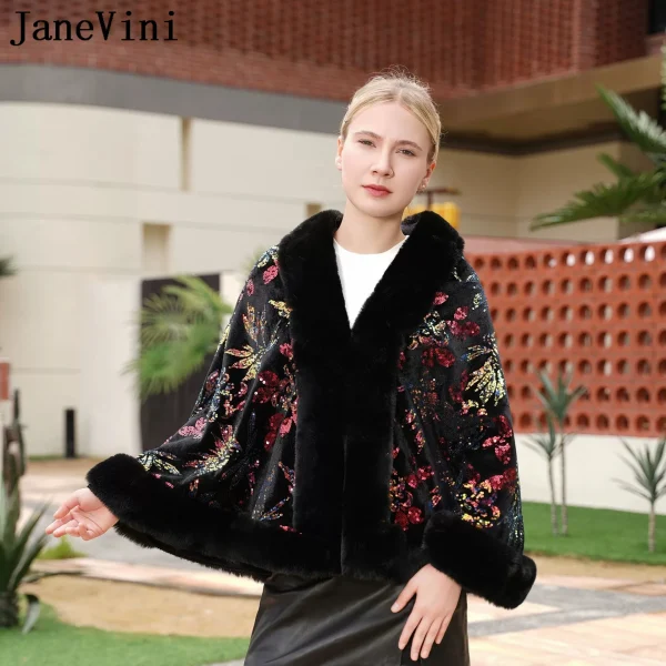 JaneVini Moda Nero Paillettes Scialle da sposa Avvolgente in pelliccia sintetica Bolero Abito da sera Mantello da donna Mantello da sposa Coprispalle Giacca invernale 2