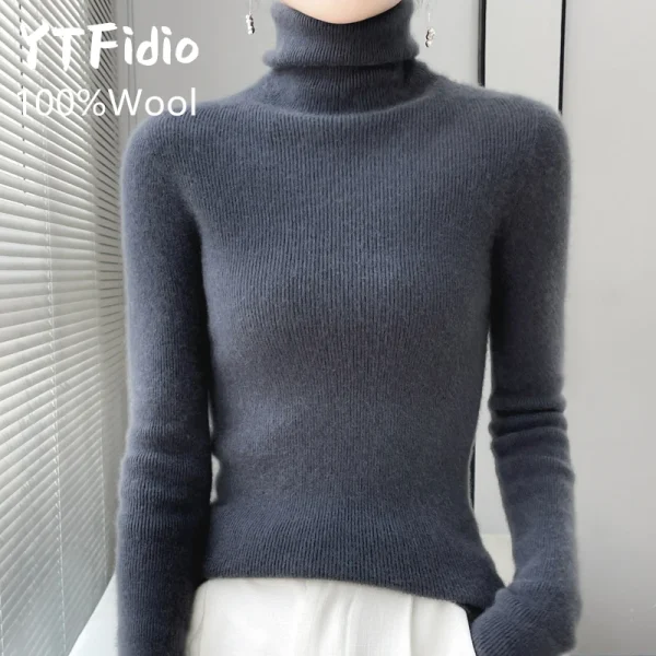 YTFidio 100% lana donna collo a pelo a righe colletto a pelo maglioni a maniche lunghe Pullover solido maglieria Basic 99 3