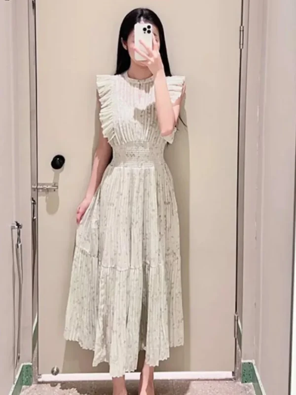 Kuzuwata Nuovo Dolce O Collo Abito con maniche volanti Increspature Chiffon Stampa Patchwork Abito a pieghe Giappone Elegante Letterario Casual Vestido 4
