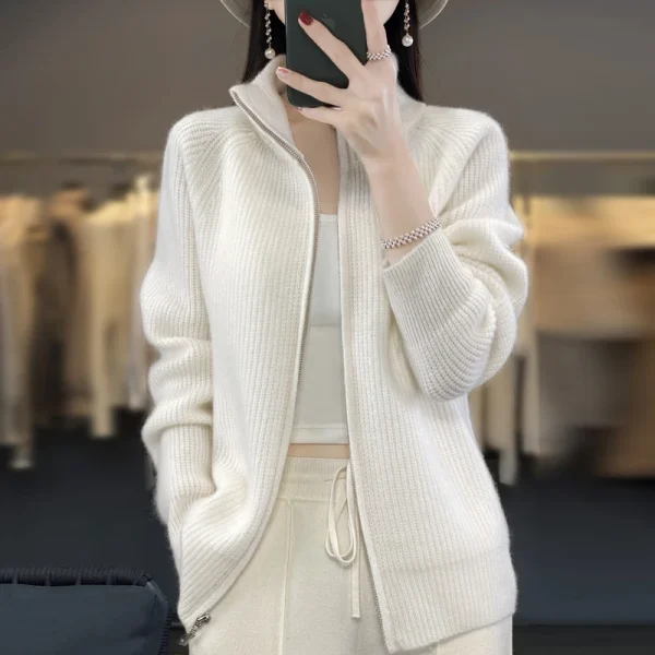 Cardigan con cerniera in pura lana al 100%, spalla imbottita, colletto alla coreana, cappotto lavorato a maglia in cashmere da donna, nuovo maglione con risvolto 2