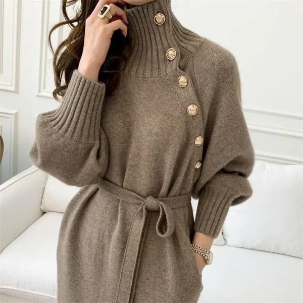 Abiti vintage chic autunno inverno donna dolcevita solido fasciatura con bottoni moda manica lunga ampia abito dritto lavorato a maglia 4