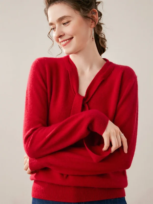 Maglione da donna elegante 100% maglione di cashmere pullover vestiti sciarpa colletto nastro stile dolce maglia autunno inverno top a maniche lunghe 5