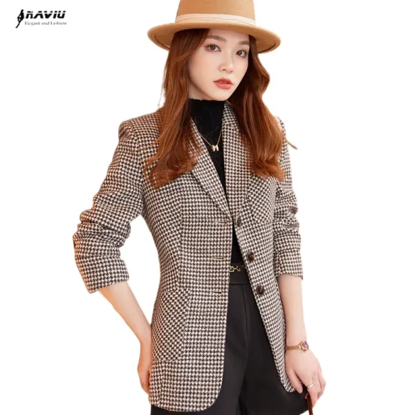 Blazer scozzese da caffè donna Tempeament Wool manica lunga New Fashion Slim Jacket Office Ladies Work Coat top grigi 2
