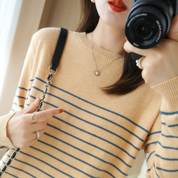 Maglione lavorato a maglia in cotone 100% maglione da donna a righe abbinate ai colori girocollo di grandi dimensioni temperamento allentato manica lunga fondo 2