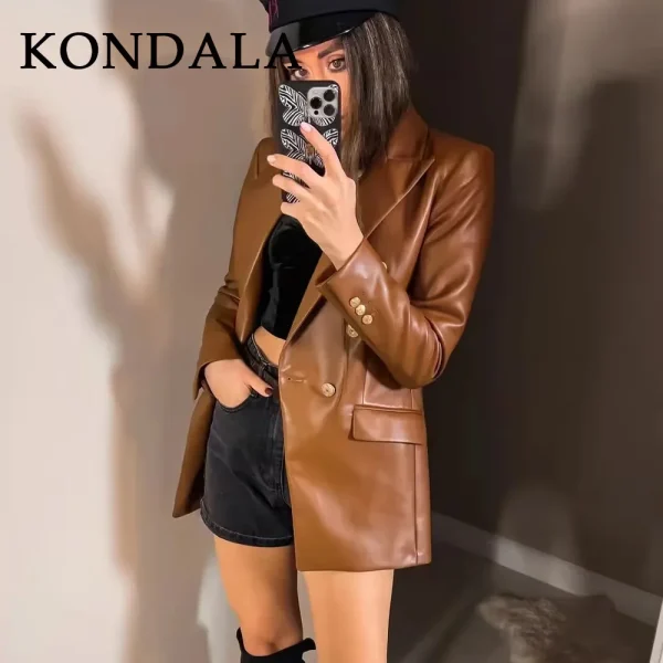 KONDALA 2025 Autunno Inverno Office Lady PU Blazer Moda Vintage Solid Doppio Petto Coprispalle Casual Chic Elegante Donna Blazer 6