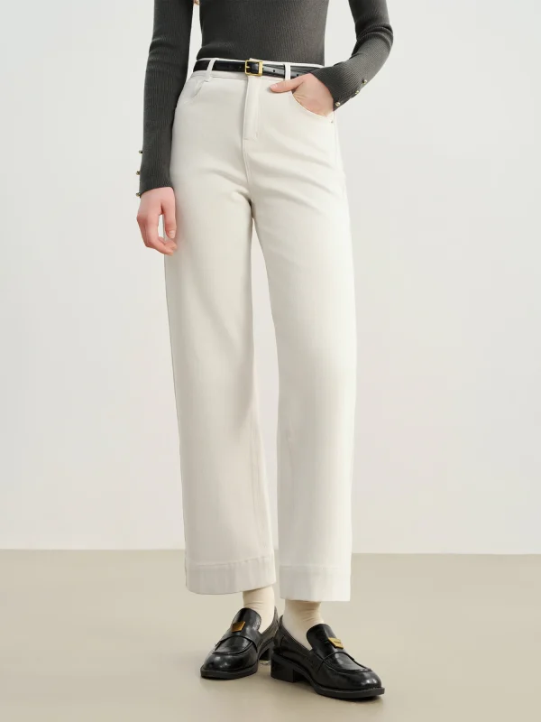 ZIQIAO 2025 Autunno/Inverno Nuovo Arrivo Elastico Bianco Faux Denim a Vita Alta Gamba Dritta Ritagliata Pantaloni Casual per Le Donne Petite 4