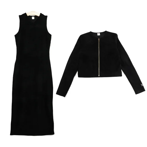 Abito lungo per donna e ragazza, bel set top in velluto a coste con cerniera e perline, abito senza maniche in velluto a coste nero per abiti invernali da donna XS-XXL 2