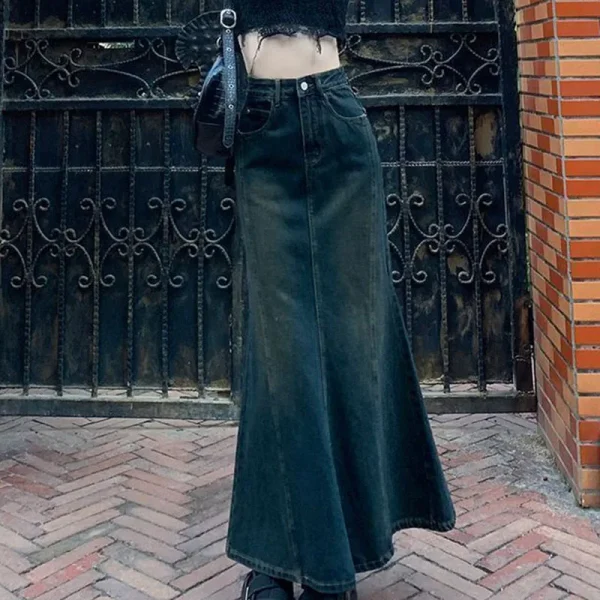 Biyaby Sirena Gonne di jeans Autunno Inverno Donna Fasciatura sexy Gonna lunga fino al pavimento Donna Moda vintage Gonne a vita alta Donna 3