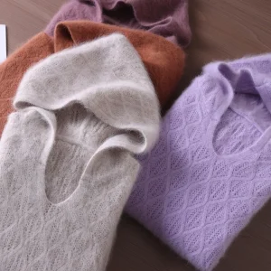 Autunno Inverno Donna 100% puro visone cashmere cappuccio scollo a V e pullover maglione casual allentato versatile maglione lavorato a maglia tinta unita 1