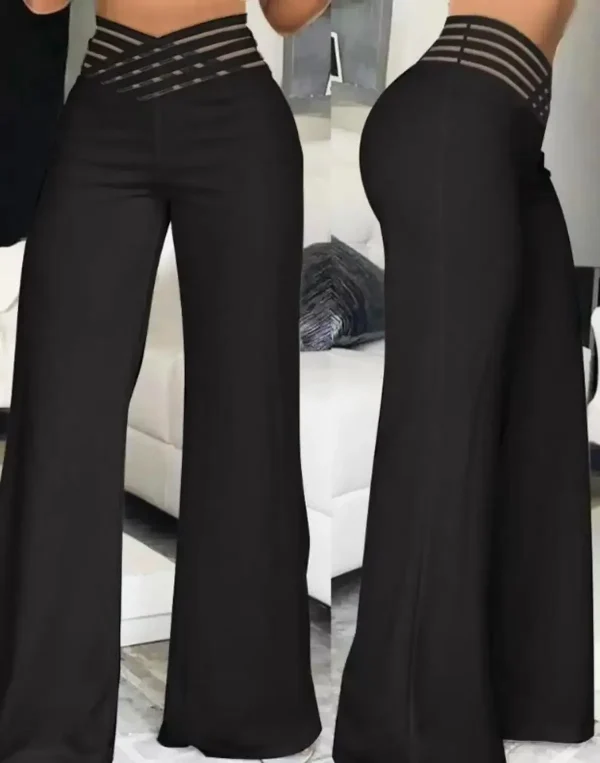 Pantaloni svasati a gamba larga da donna Autunno Casual incrociati con toppa in rete trasparente Pantaloni a vita alta Y2k Streetwear Pantaloni da lavoro eleganti 3