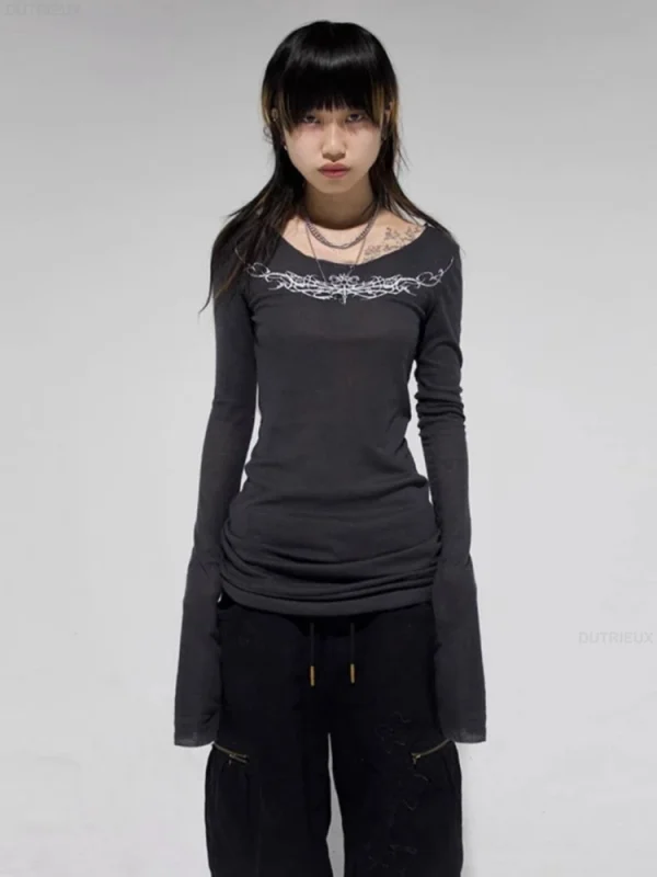 2025 Y2k Estetica Bianco Crema Donne T-shirt Sexy Stampa Vintage Streetwear Grunge Magliette Harajuku Aderente Gotico Tees Femme 2