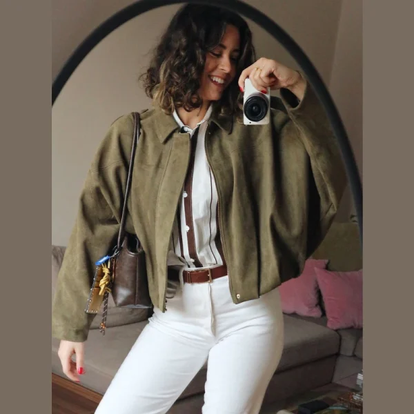 HXAO Giacca bomber da donna Giacca in pelle scamosciata con cerniera a maniche lunghe con risvolto Donna 2025 High Street Giacche da corsa corte Cappotti Capispalla 4