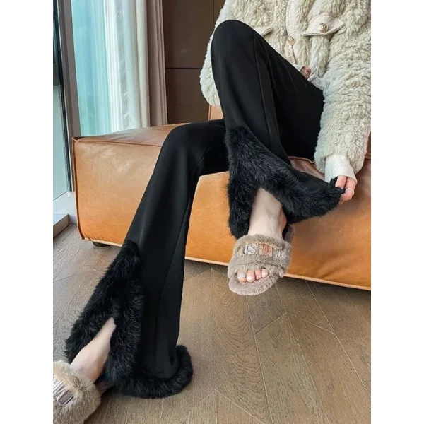 Pantaloni svasati in pelliccia sintetica a vita alta Autunno Inverno Pantaloni foderati in pelo di coniglio stile casual Pantaloni Harlan Tessuto stampato/tessuto tinto 2