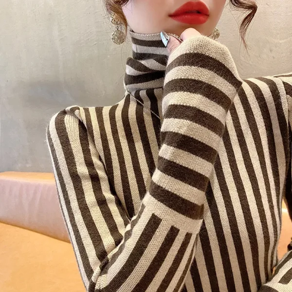 Autunno Inverno Elegante All-match Pullover in maglia a righe Abbigliamento donna Moda Slim Dolcevita a maniche lunghe Pullover Lady Y2k Top 2