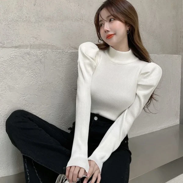 Autunno Inverno Maniche a palloncino Tinta unita Abbigliamento donna Camicia che tocca il fondo Collo semi alto Nuovo stile Elegante Slim Fit Y2K Maglioni 3