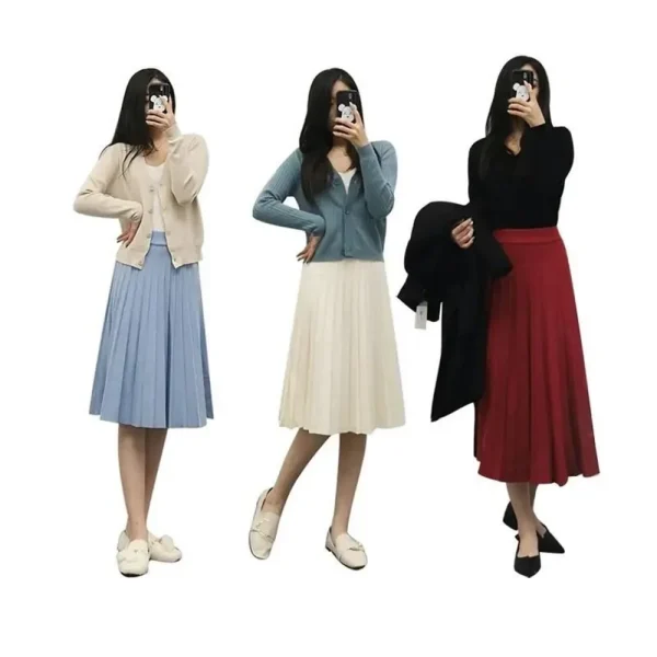 Gonna longuette lavorata a maglia da donna elegante gonna lunga a pieghe a vita alta nera coreana 2024 primavera autunno inverno Faldas Femme Jupes 6