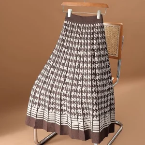 Autunno Inverno Nuova stampa scozzese Moda Elastico in vita Gonna a trapezio Donna High Street Casual Maglia a pieghe Gonne eleganti 1