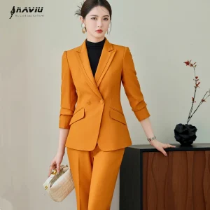 NAVIU Abito da ufficio slim fit giallo per donna Elegante casual a maniche lunghe di fascia alta con bottone singolo Blazer Set formale in due pezzi 1