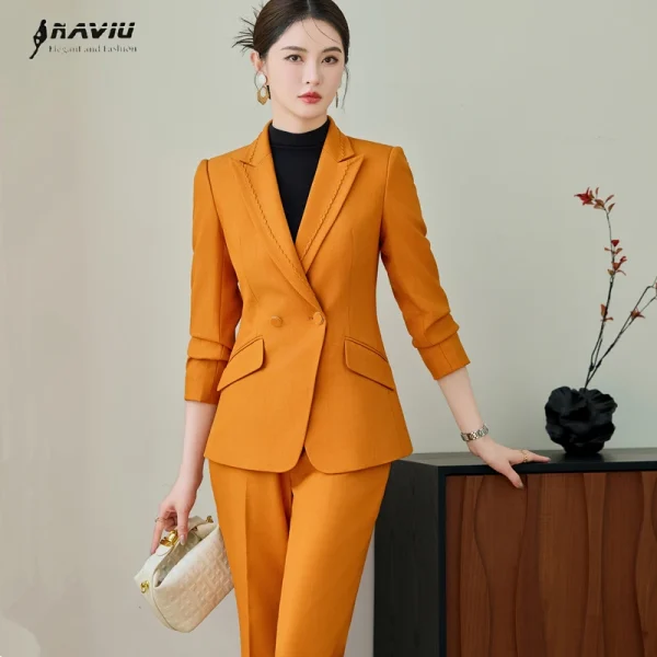 NAVIU Abito da ufficio slim fit giallo per donna Elegante casual a maniche lunghe di fascia alta con bottone singolo Blazer Set formale in due pezzi 1