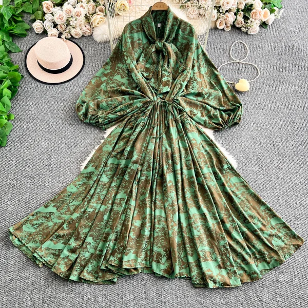2025 Nuovo francese retrò pizzo con fiocco scollo a V manica lanterna Maxi abito da donna Casual Vintage Fashion Party grande gonna lunga altalena 5