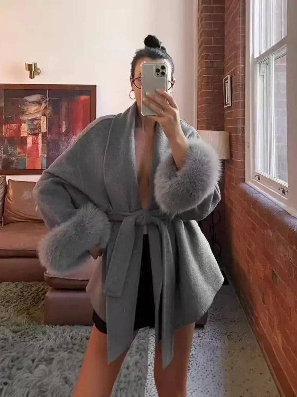 2025 Autunno Donna Chic Risvolto Cappotto di Peluche Con Cintura Vintage Manica In Pelliccia Sintetica Tweed Cappotti Aperti Femminile Inverno Casual Strada Outwear 2
