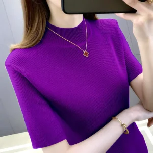 Elegante moda Harajuku Slim Fit abbigliamento femminile Casual tutto abbinato t-shirt solido dolcevita stile sottile maglioni manica corta 1