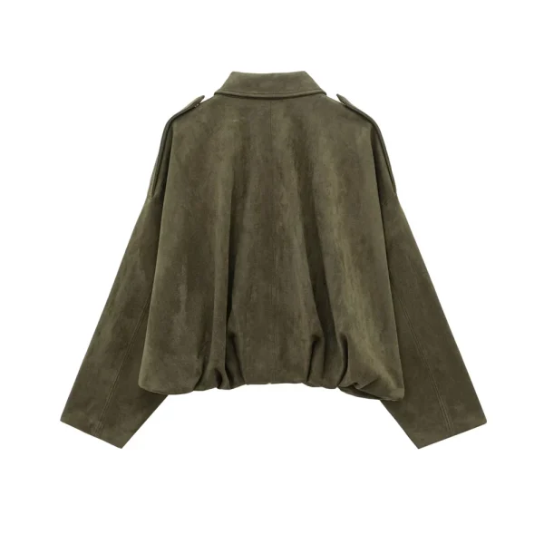 2025 Giacca da donna con colletto in finta pelle scamosciata con spalline, vestibilità ampia, elegante verde oliva in vendita 2