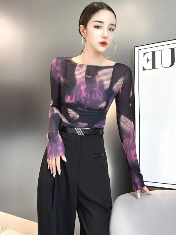 Top per donna T-shirt donna T-shirt slim Viola Abbigliamento 2025 Mesh Tee Skinny Xxl anni '90 Vintage Pulovers One Piece Fine Elegante Vecchio 5