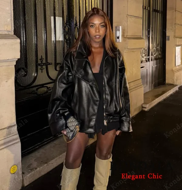 KONDALA Giacca in pelle con cerniera da donna Autunno Inverno Colletto in piedi Giacca in finto PU Cappotto 2025 Giacca Y2K da donna alla moda High Street 3
