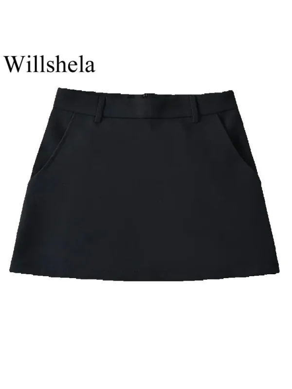 Willshela Minigonna a trapezio con cerniera posteriore solida moda donna Gonne da donna chic femminili a vita alta vintage 2