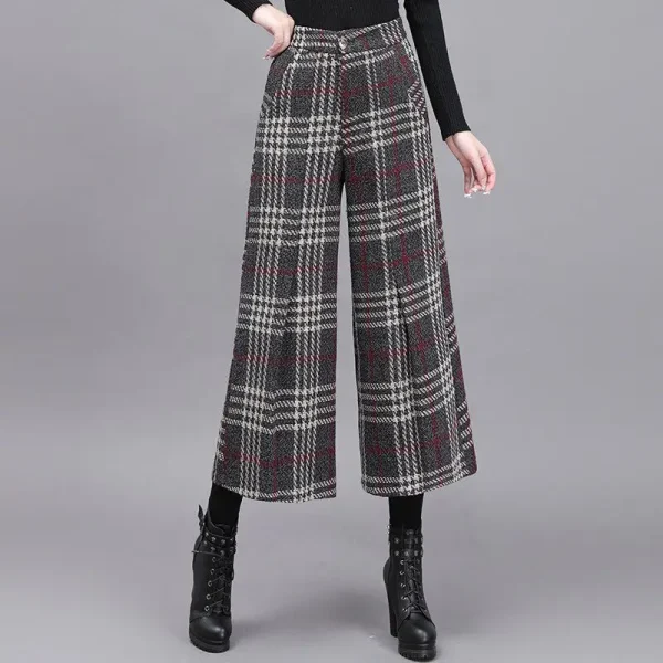 Pantaloni scozzesi alla moda a gamba larga Pantaloni corti Pantaloni da donna Inverno Nuovi pantaloni con gonna ispessita Pantaloni con gamba altalena 3