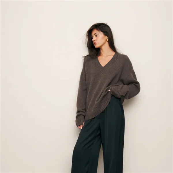 100% maglione di pura lana autunno/inverno nuovo casual tinta unita lavorato a maglia top con scollo a v camicetta con base pullover sciolto da donna 6