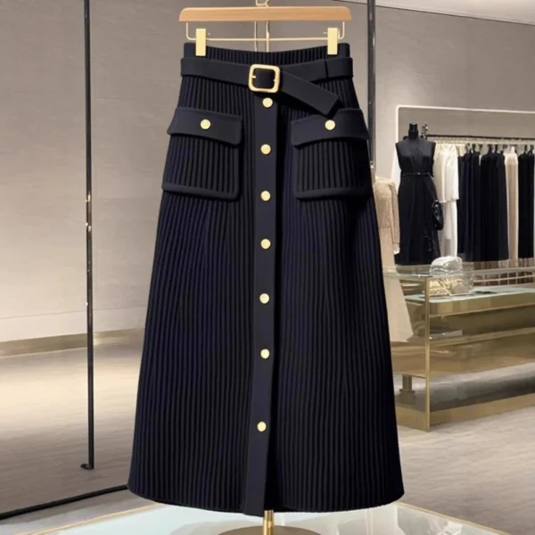 Unico ed elegante nero a vita alta a-line mini abito lavorato a maglia gonna lunga alla moda elegante autunno inverno sensazione di fascia alta 3